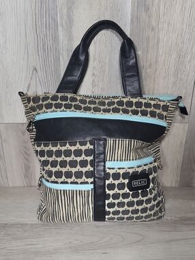 Relic Apple Print Medium Tote Canvas Handbag Teal Patchwork